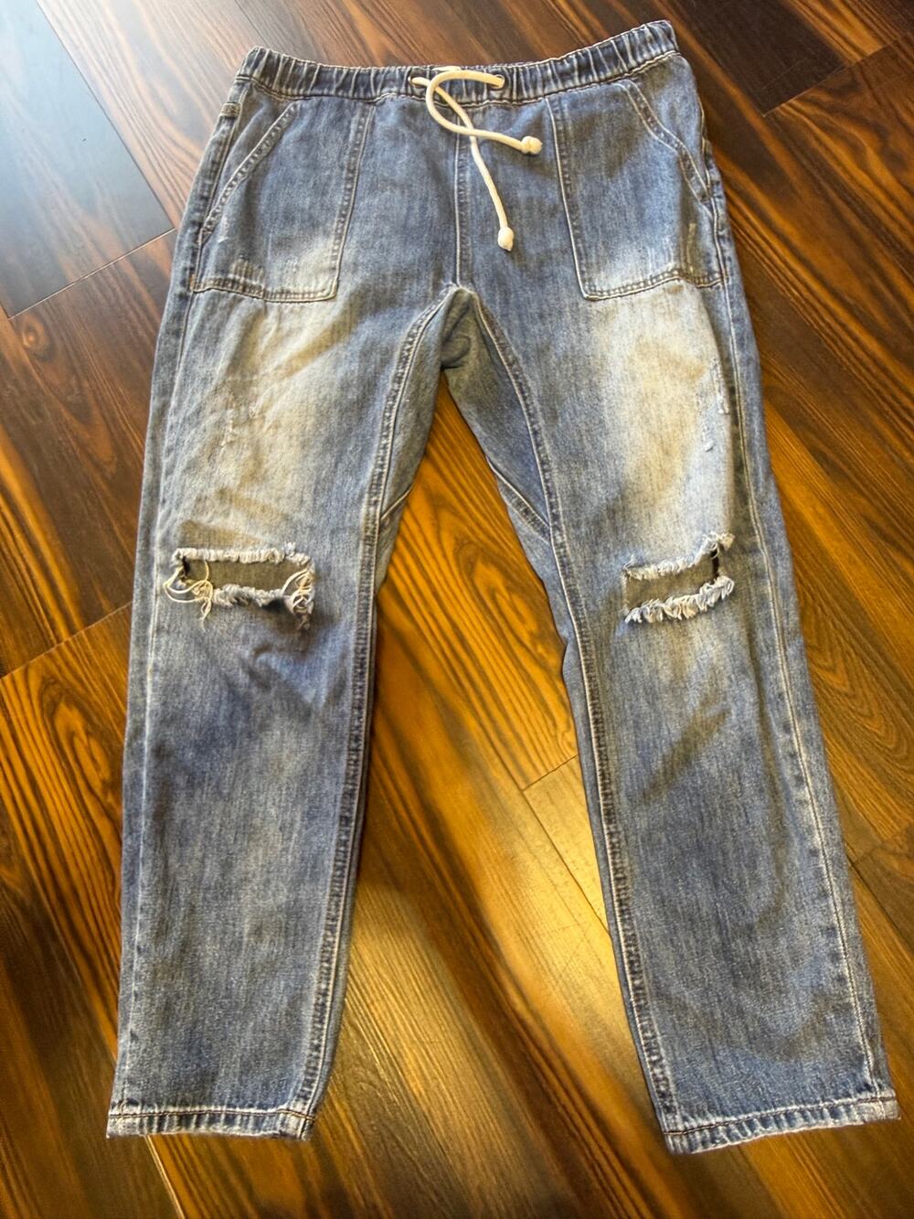 Easel Distressed Pull On Elastic & Drawstring Waist Jeans Size L